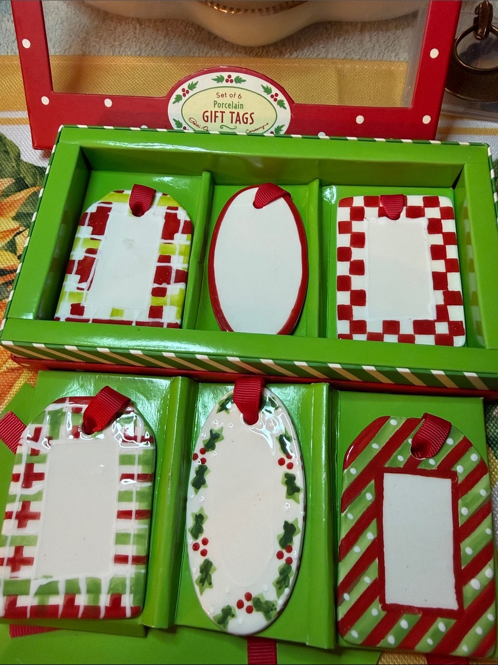 Two's Company Porcelain Holiday Gift Tags in Red, Green & White